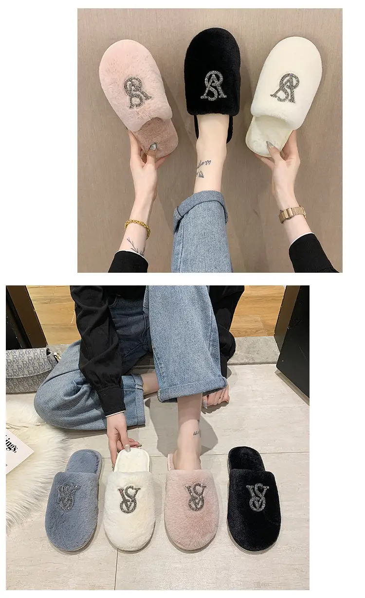 Baotou Mao Mao cotton slippers women's 2021 autumn and winter new warm slippers home bright diamond slippers fashion outerwear women's shoes — feature 12