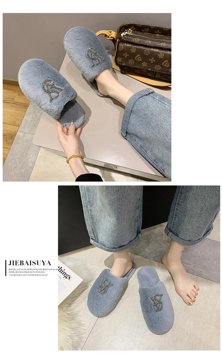 Baotou Mao Mao cotton slippers women's 2021 autumn and winter new warm slippers home bright diamond slippers fashion outerwear women's shoes — feature 8