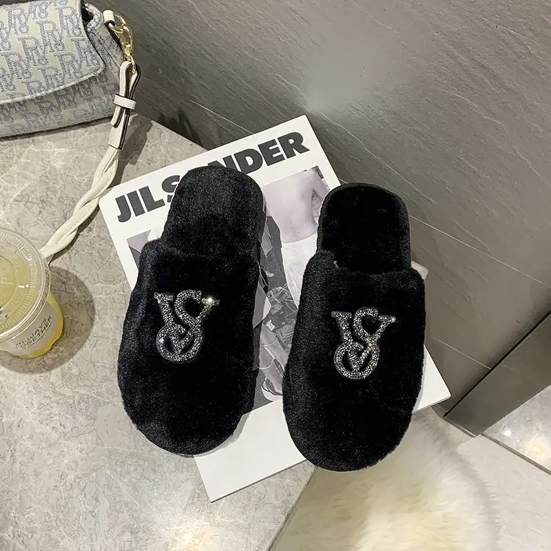 Baotou Mao Mao cotton slippers women's 2021 autumn and winter new warm slippers home bright diamond slippers fashion outerwear women's shoes