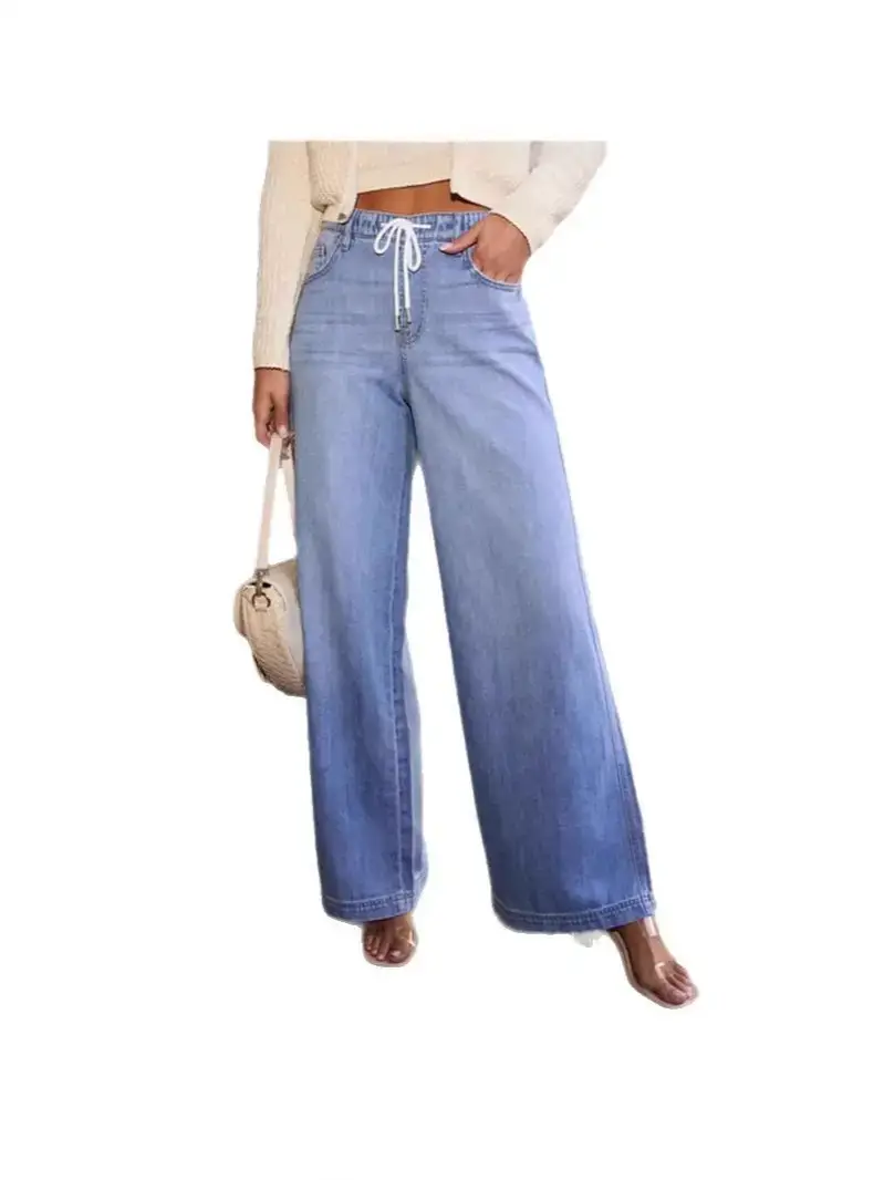 2025 Wide Leg Denim Pants for Women High Waist Drawstring
