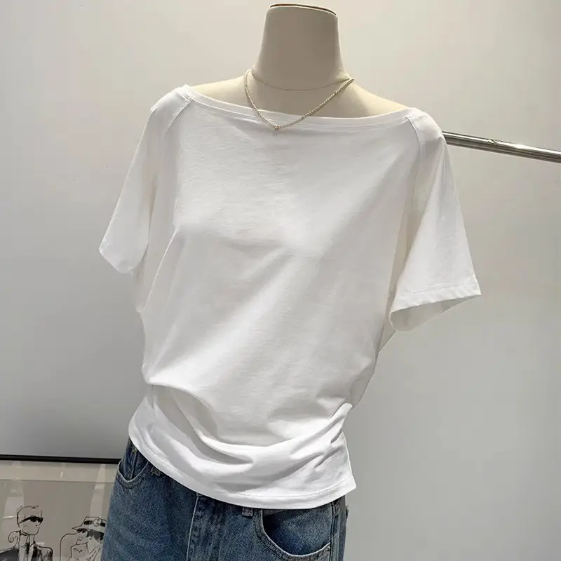Spicy Girl Style Off-Shoulder Top for Women, Summer 2026 New Niche Design, Exposed Collarbone, Loose Short-Sleeved White T-Shirt