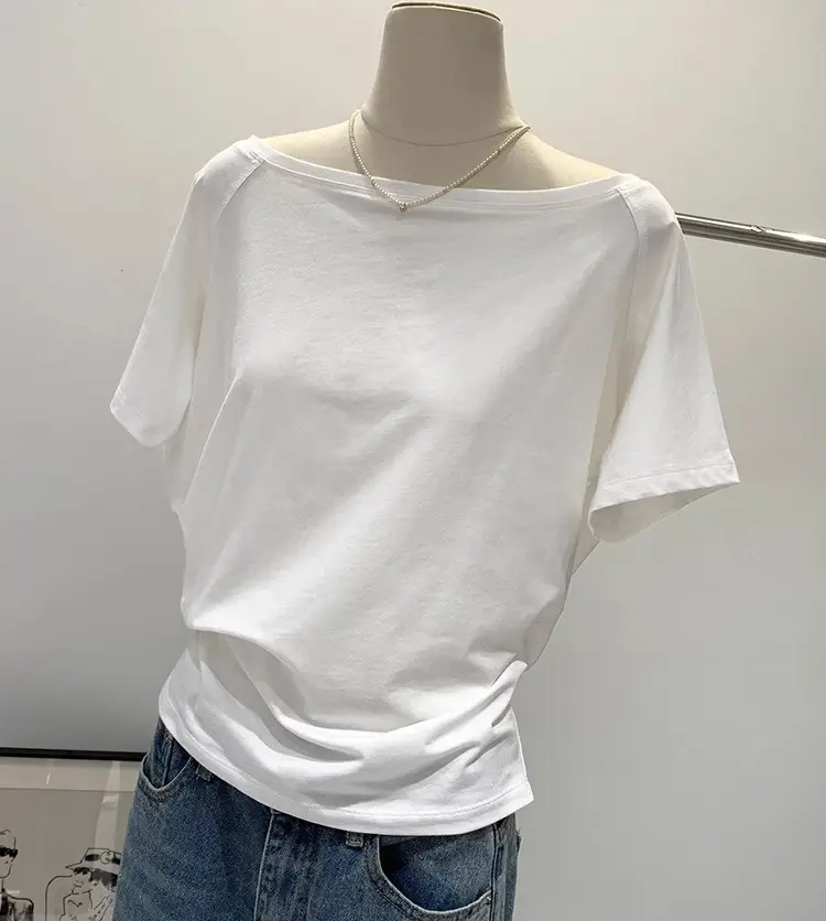 Spicy Girl Style Off-Shoulder Top for Women, Summer 2026 New Niche Design, Exposed Collarbone, Loose Short-Sleeved White T-Shirt — feature 11