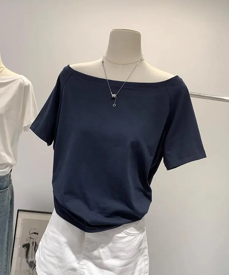 Spicy Girl Style Off-Shoulder Top for Women, Summer 2026 New Niche Design, Exposed Collarbone, Loose Short-Sleeved White T-Shirt — feature 14