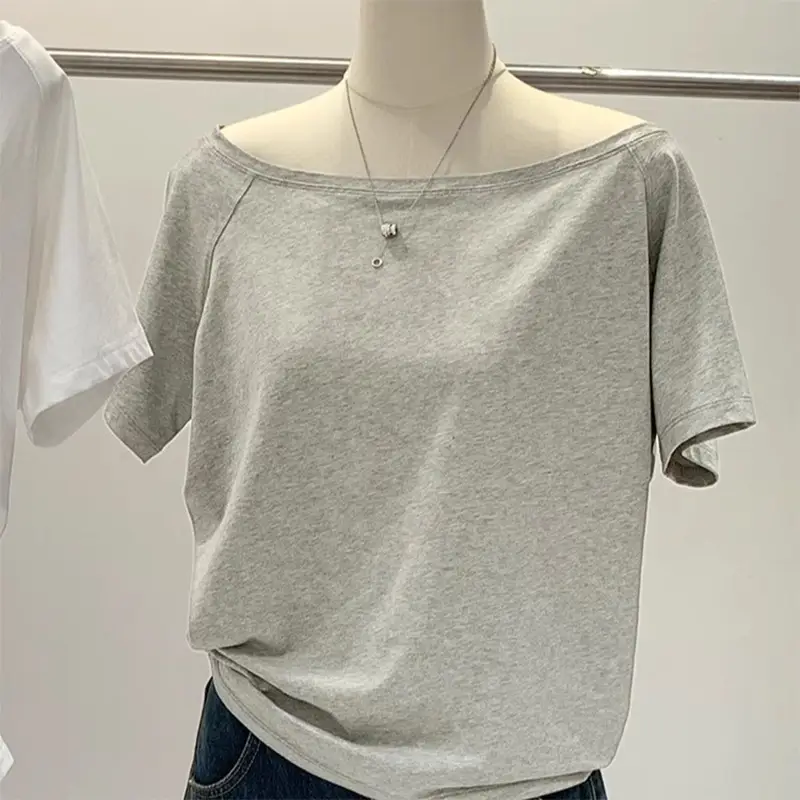 Spicy Girl Style Off-Shoulder Top for Women, Summer 2026 New Niche Design, Exposed Collarbone, Loose Short-Sleeved White T-Shirt — feature 5