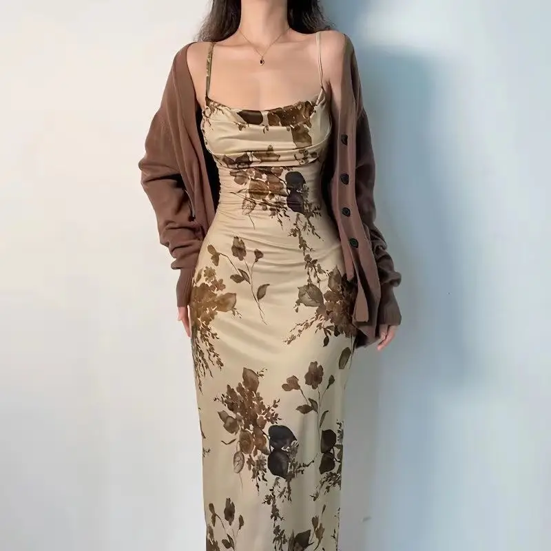 New Chinese Style Skirt with Slip Collar French Style Light Mature Artistic Conception Oil Painting Retro dress Mid-Length Ice Silk Printed Skirt — feature 2