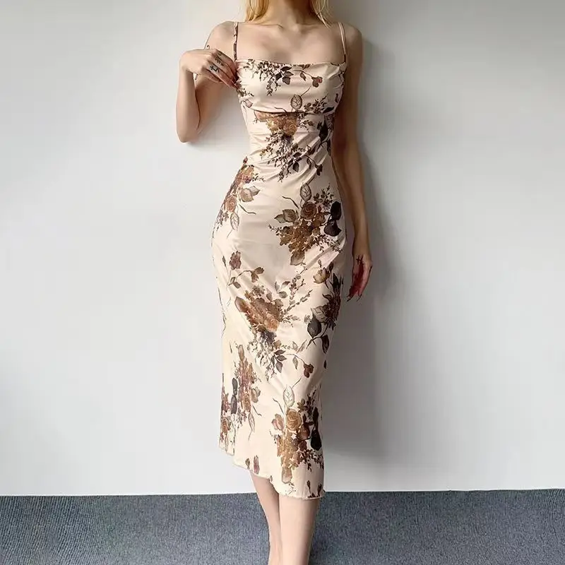 New Chinese Style Skirt with Slip Collar French Style Light Mature Artistic Conception Oil Painting Retro dress Mid-Length Ice Silk Printed Skirt — feature 6