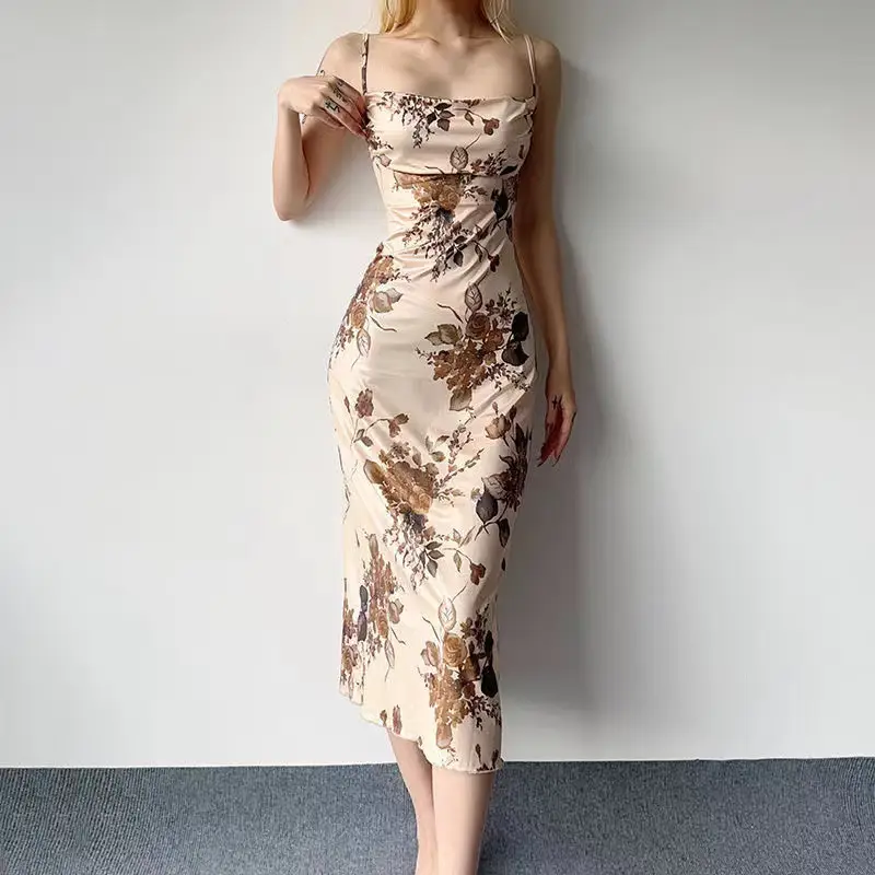 New Chinese Style Skirt with Slip Collar French Style Light Mature Artistic Conception Oil Painting Retro dress Mid-Length Ice Silk Printed Skirt — feature 7