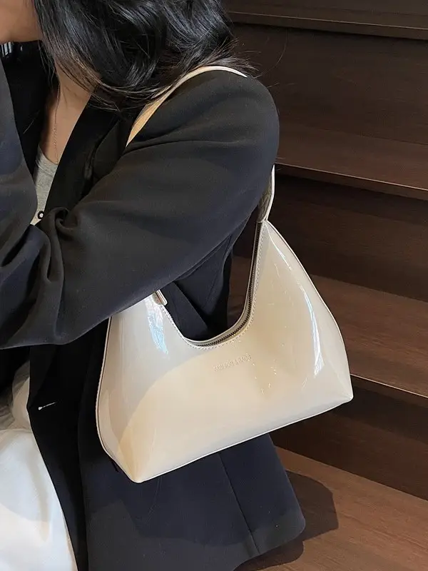 Women's 1-Piece Glossy White Handbag with Gold Strap - Image 6