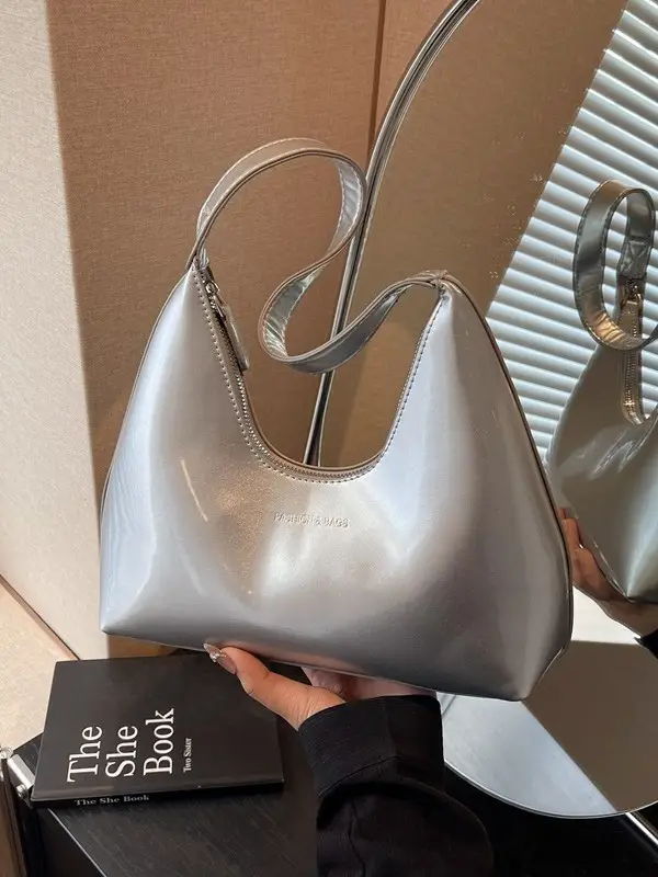 Women's 1-Piece Glossy White Handbag with Gold Strap - Image 7