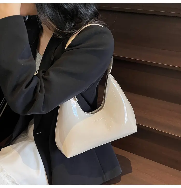 Women's 1-Piece Glossy White Handbag with Gold Strap — feature 12
