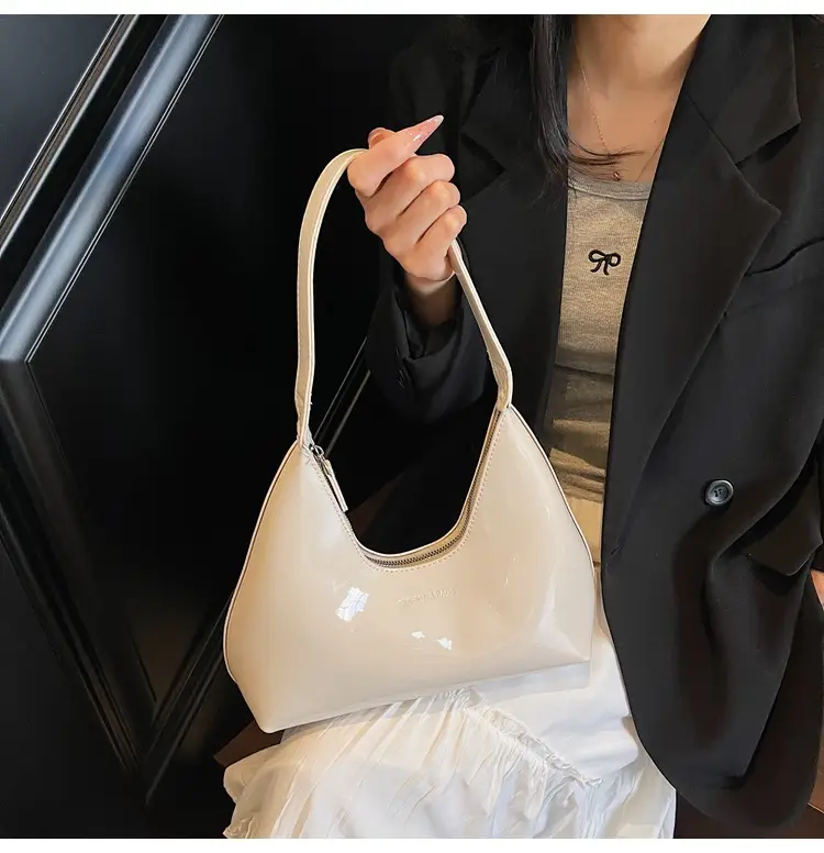 Women's 1-Piece Glossy White Handbag with Gold Strap — feature 13