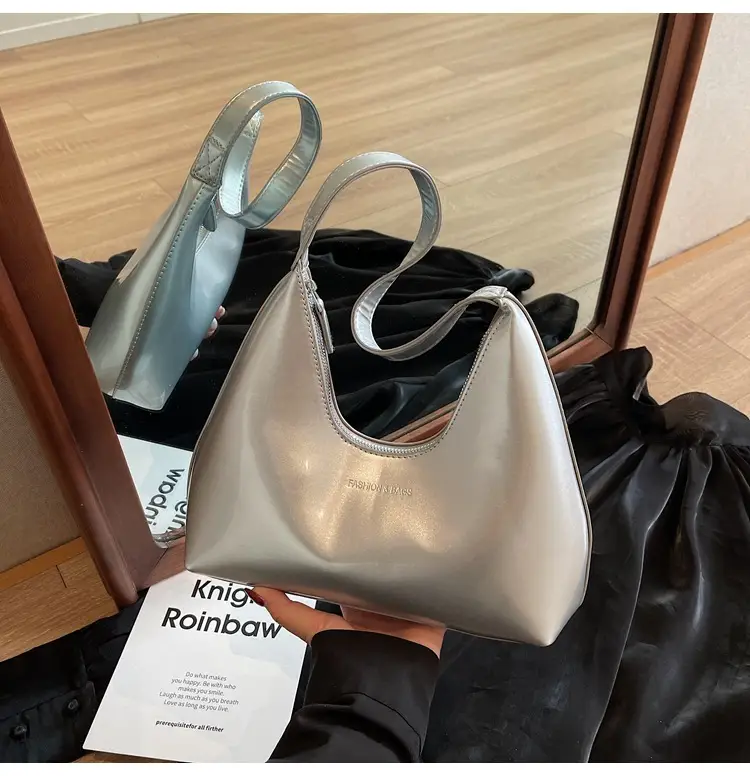 Women's 1-Piece Glossy White Handbag with Gold Strap — feature 24