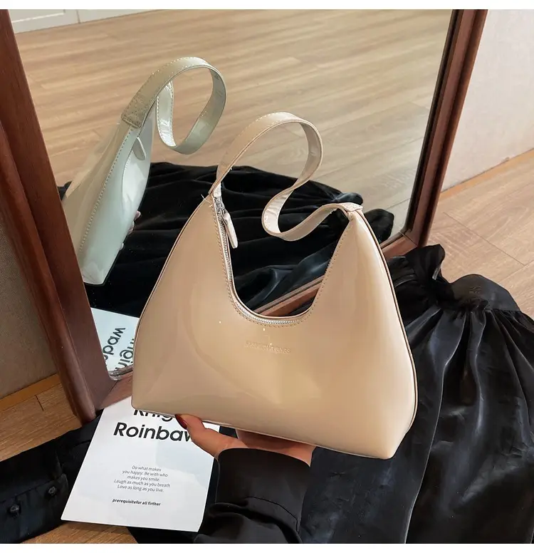 Women's 1-Piece Glossy White Handbag with Gold Strap — feature 27