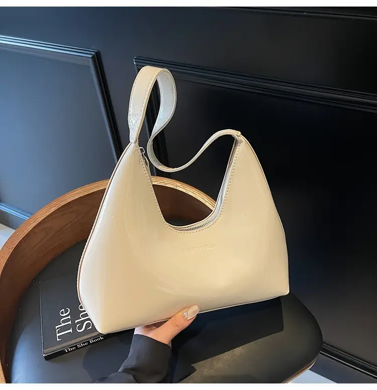 Women's 1-Piece Glossy White Handbag with Gold Strap — feature 28