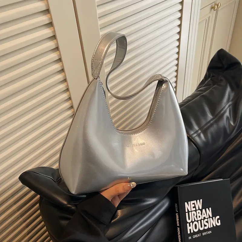 Women's 1-Piece Glossy White Handbag with Gold Strap - Image 3