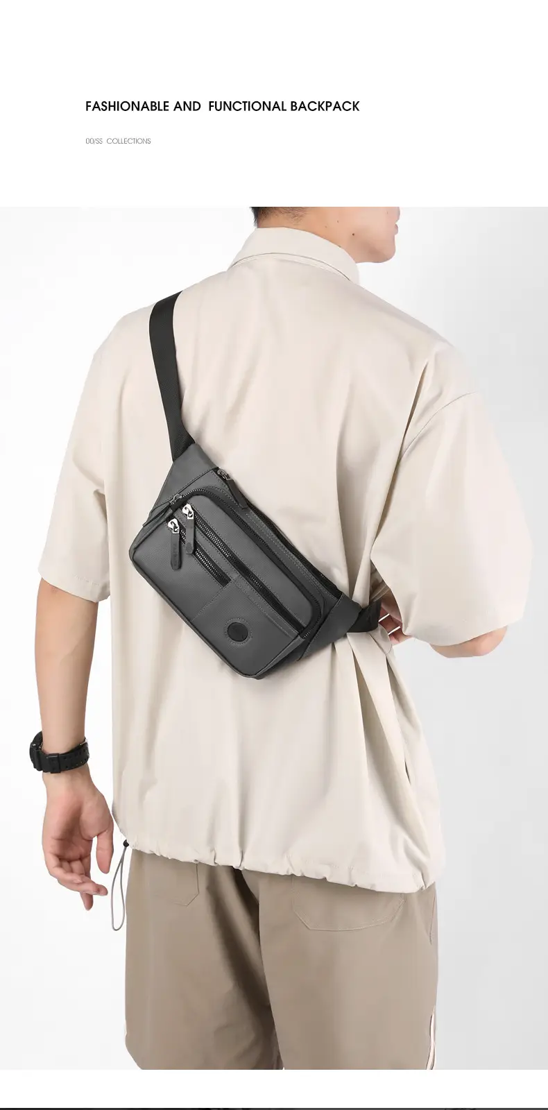Men's Black Crossbody Waist Bag Large Capacity Oxford Cloth — feature 5