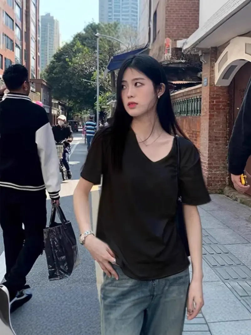 [Factory Outlet] Solid Color Large Neckline Short Sleeve T-Shirt Women's Loose Casual Slimming V-neck Base Shirt Fashion Brand