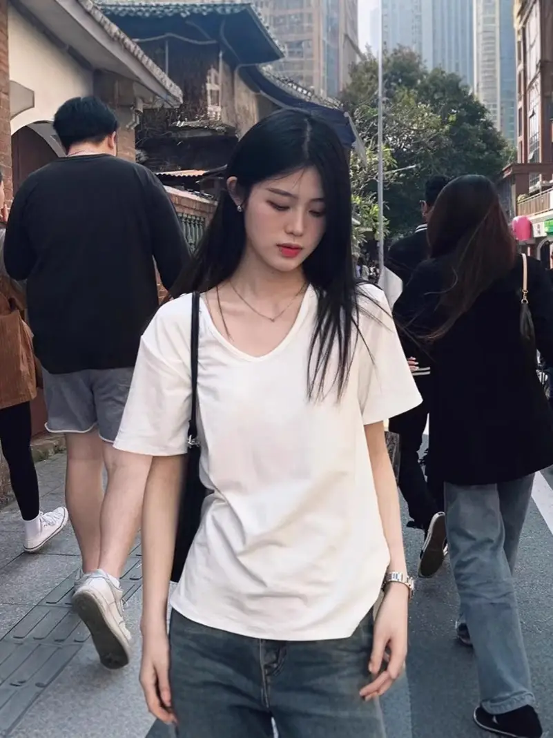 [Factory Outlet] Solid Color Large Neckline Short Sleeve T-Shirt Women's Loose Casual Slimming V-neck Base Shirt Fashion Brand
