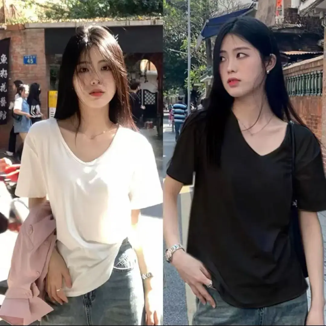 [Factory Outlet] Solid Color Large Neckline Short Sleeve T-Shirt Women's Loose Casual Slimming V-neck Base Shirt Fashion Brand — feature 18