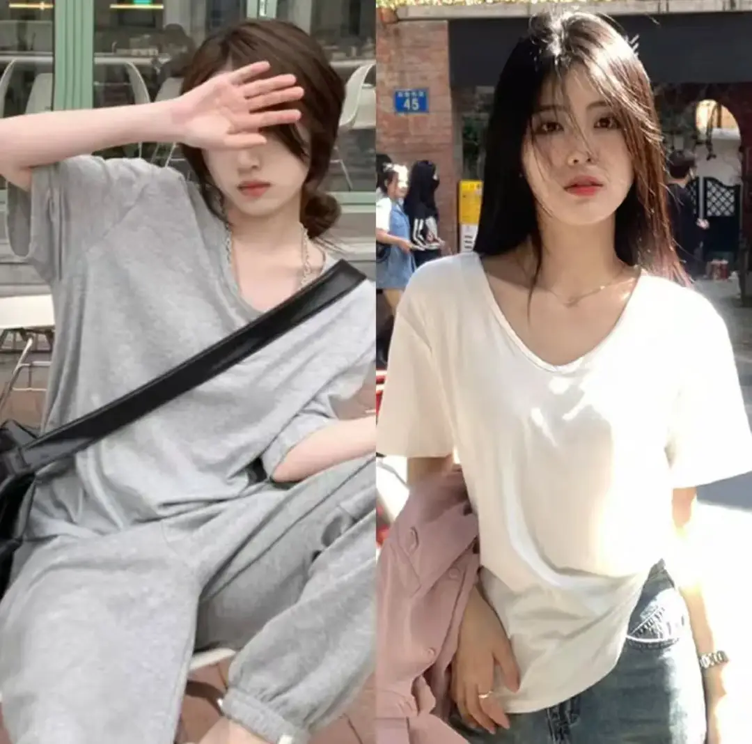 [Factory Outlet] Solid Color Large Neckline Short Sleeve T-Shirt Women's Loose Casual Slimming V-neck Base Shirt Fashion Brand — feature 19