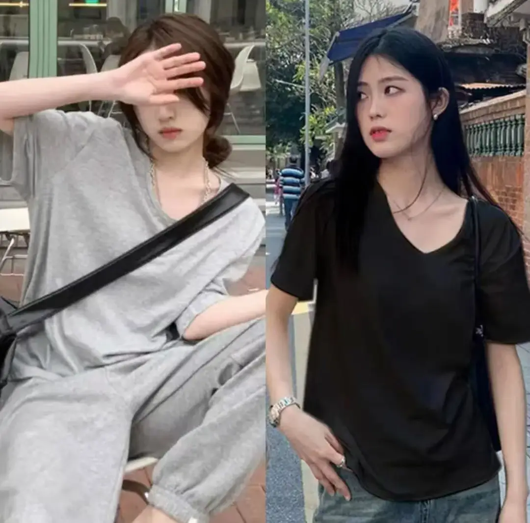 [Factory Outlet] Solid Color Large Neckline Short Sleeve T-Shirt Women's Loose Casual Slimming V-neck Base Shirt Fashion Brand — feature 20