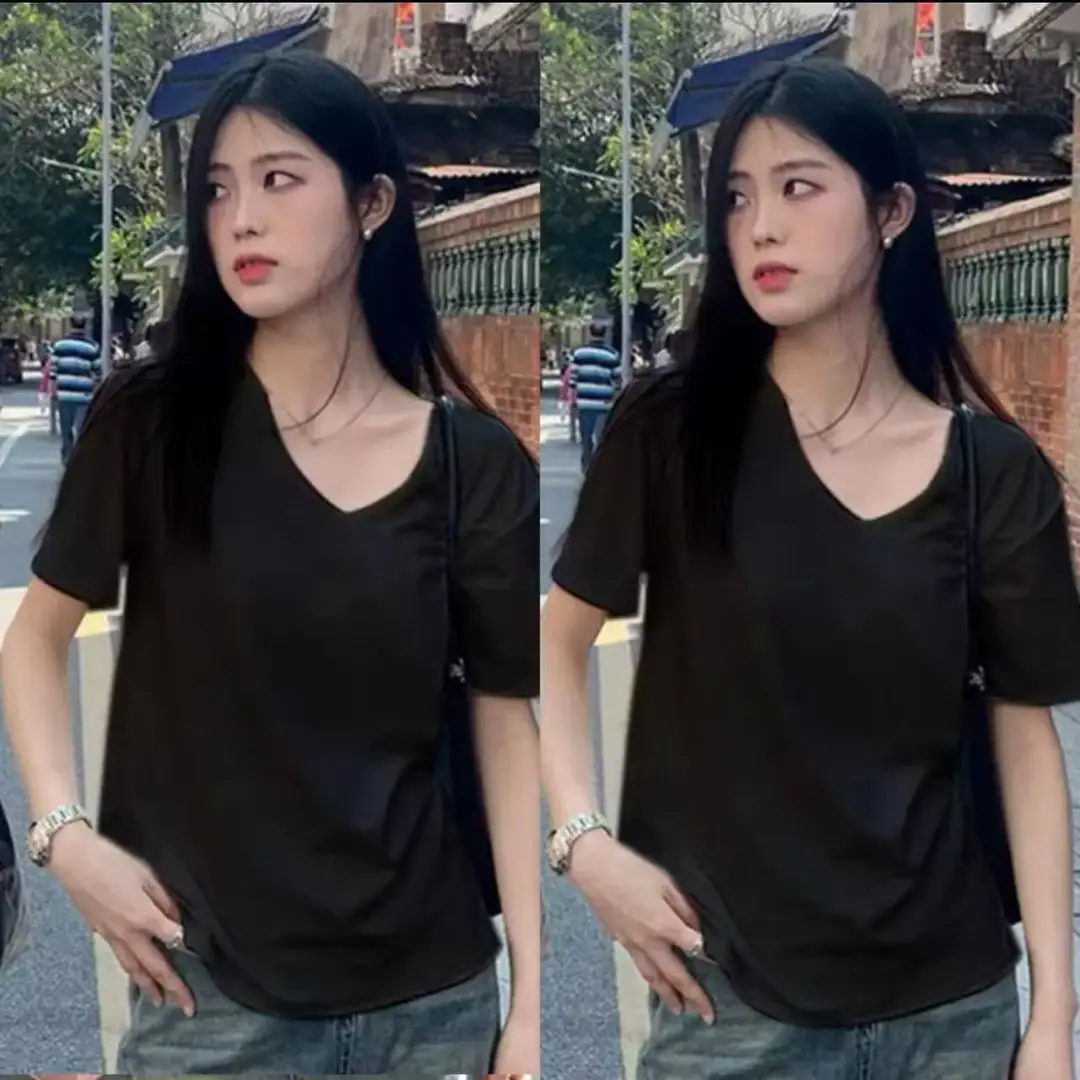 [Factory Outlet] Solid Color Large Neckline Short Sleeve T-Shirt Women's Loose Casual Slimming V-neck Base Shirt Fashion Brand — feature 22