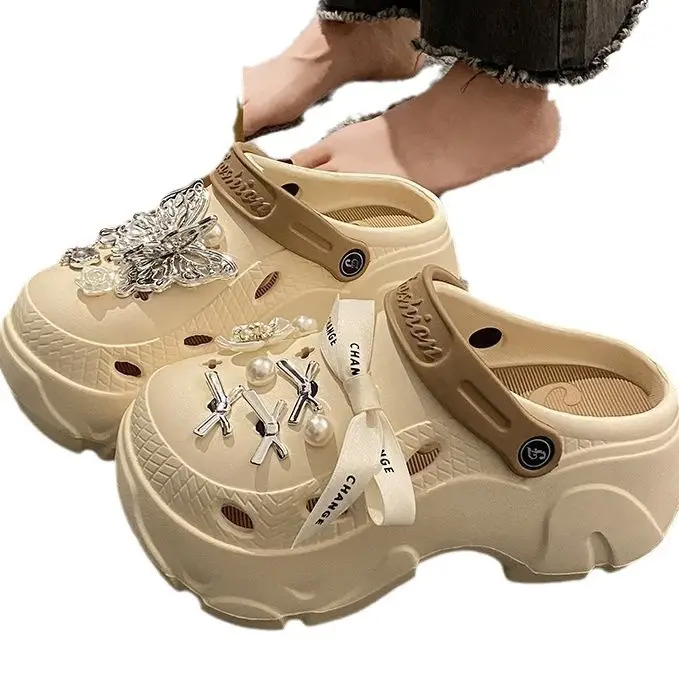 Women's Beige Pearl Slippers with Strap