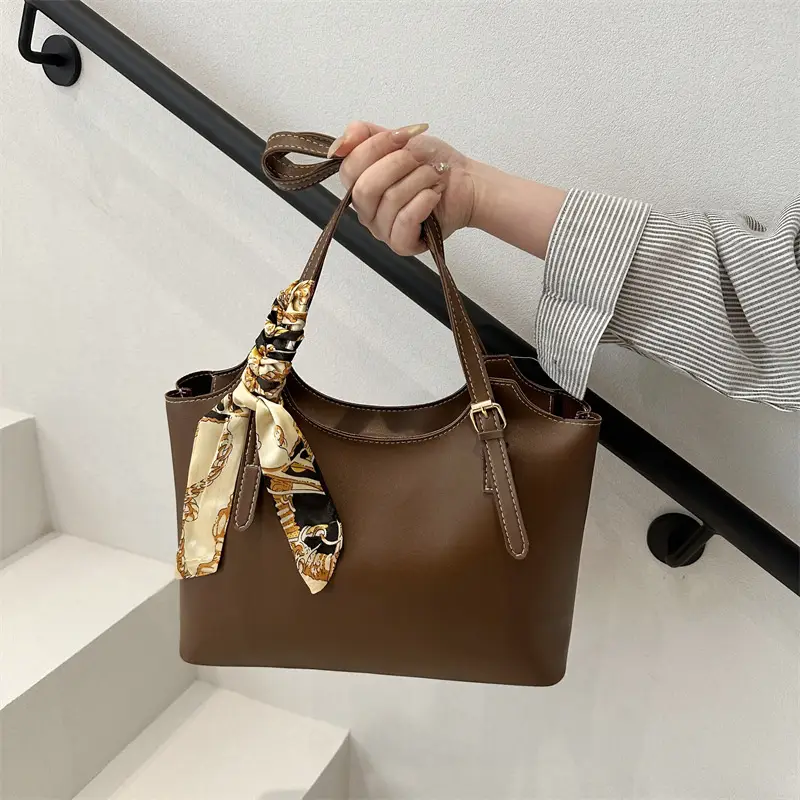 Women Brown Leather Tote Bag with Silk Bow - Image 5