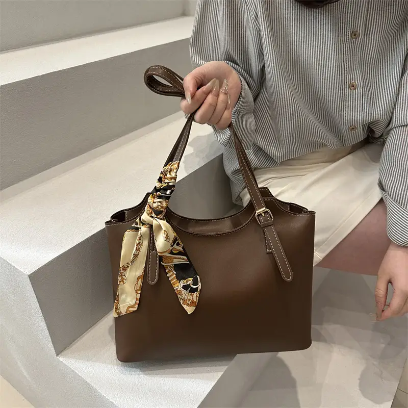 Women Brown Leather Tote Bag with Silk Bow - Image 6