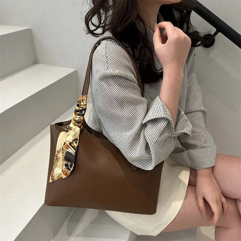 Women Brown Leather Tote Bag with Silk Bow - Image 7