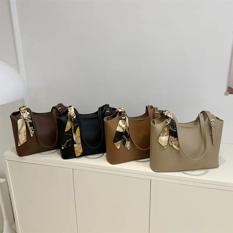Women Brown Leather Tote Bag with Silk Bow - Image 8
