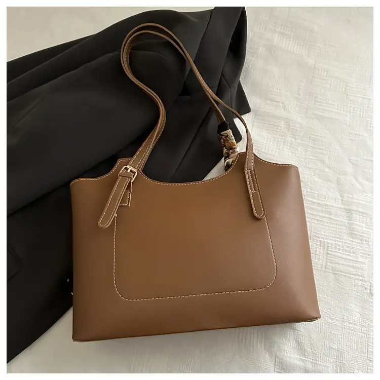 Women Brown Leather Tote Bag with Silk Bow — feature 13