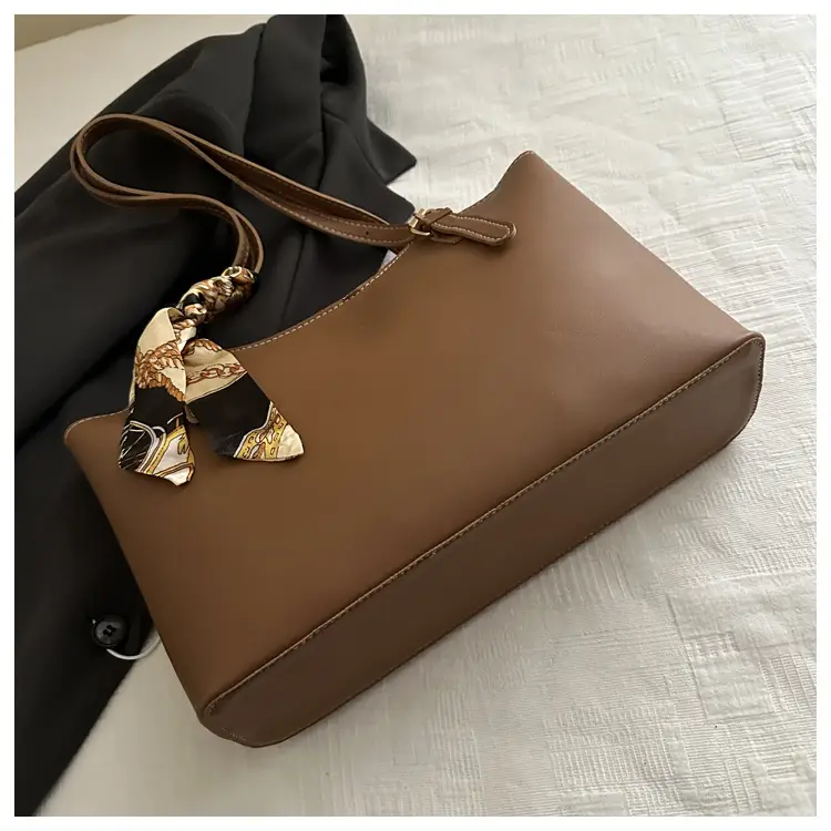 Women Brown Leather Tote Bag with Silk Bow — feature 14