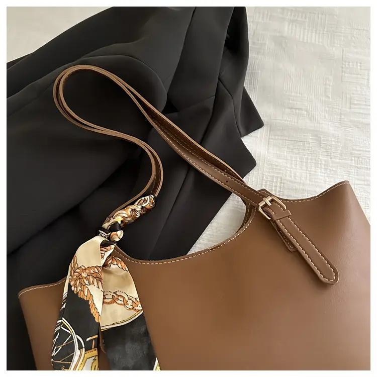 Women Brown Leather Tote Bag with Silk Bow — feature 15
