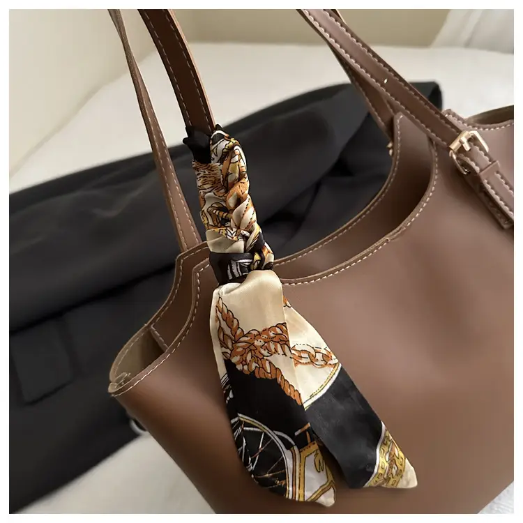 Women Brown Leather Tote Bag with Silk Bow — feature 18