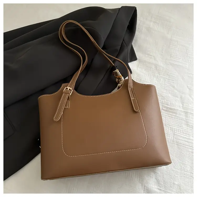 Women Brown Leather Tote Bag with Silk Bow — feature 19