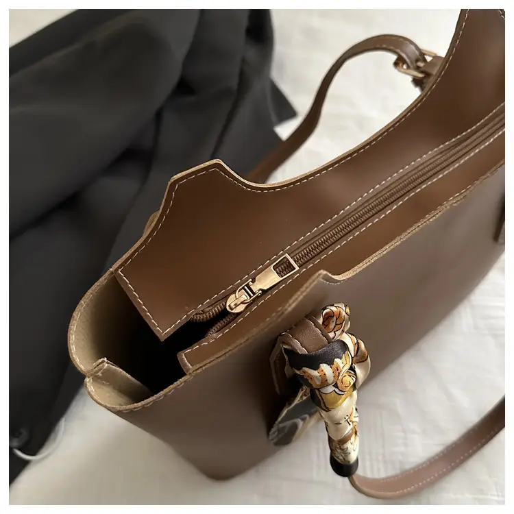Women Brown Leather Tote Bag with Silk Bow — feature 20