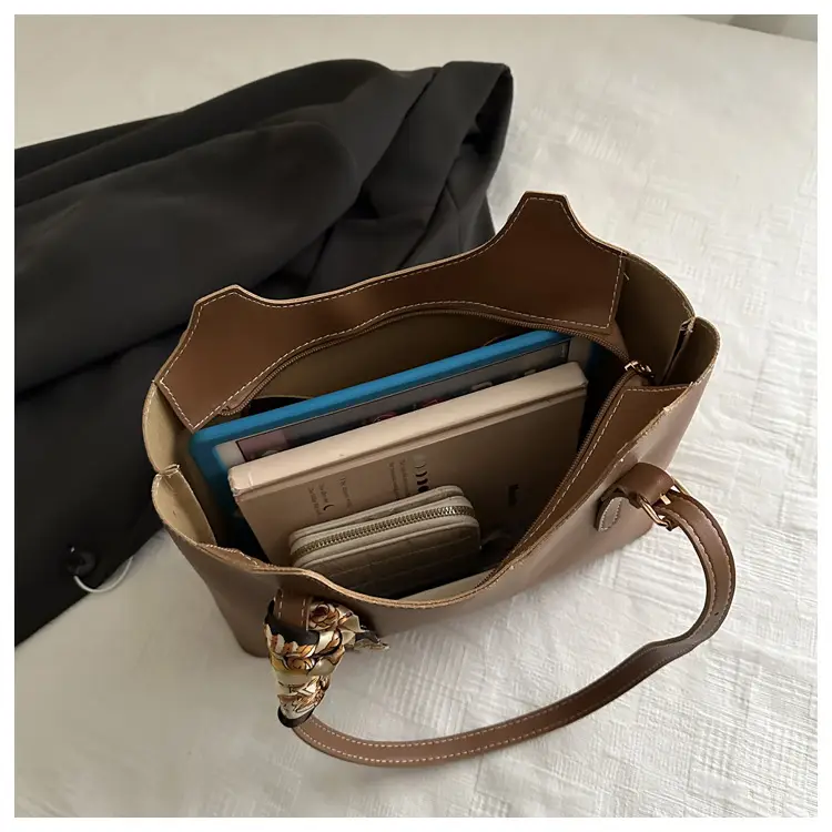 Women Brown Leather Tote Bag with Silk Bow — feature 21