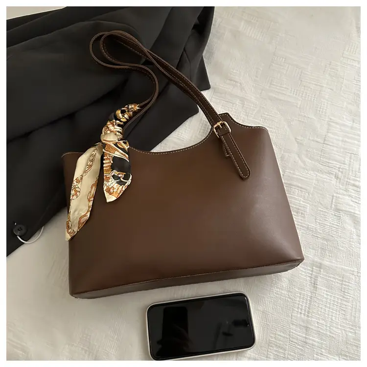 Women Brown Leather Tote Bag with Silk Bow — feature 23