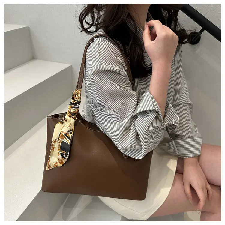Women Brown Leather Tote Bag with Silk Bow — feature 25