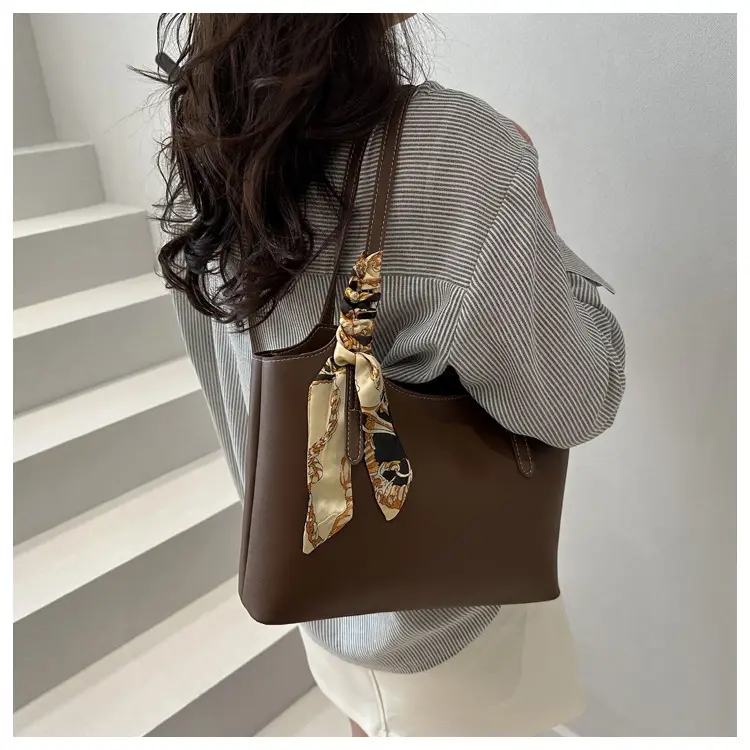Women Brown Leather Tote Bag with Silk Bow — feature 26
