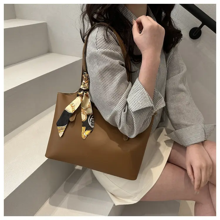 Women Brown Leather Tote Bag with Silk Bow — feature 27
