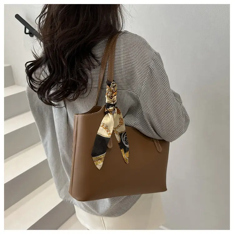 Women Brown Leather Tote Bag with Silk Bow — feature 28