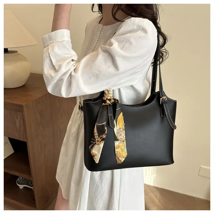 Women Brown Leather Tote Bag with Silk Bow — feature 29