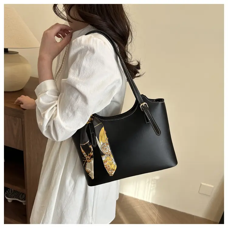 Women Brown Leather Tote Bag with Silk Bow — feature 30