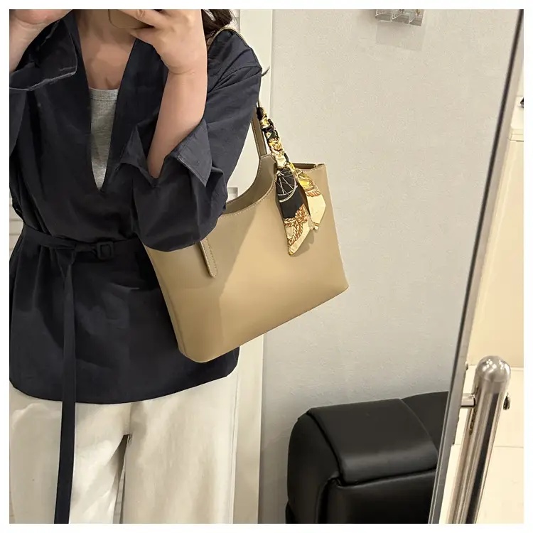 Women Brown Leather Tote Bag with Silk Bow — feature 32