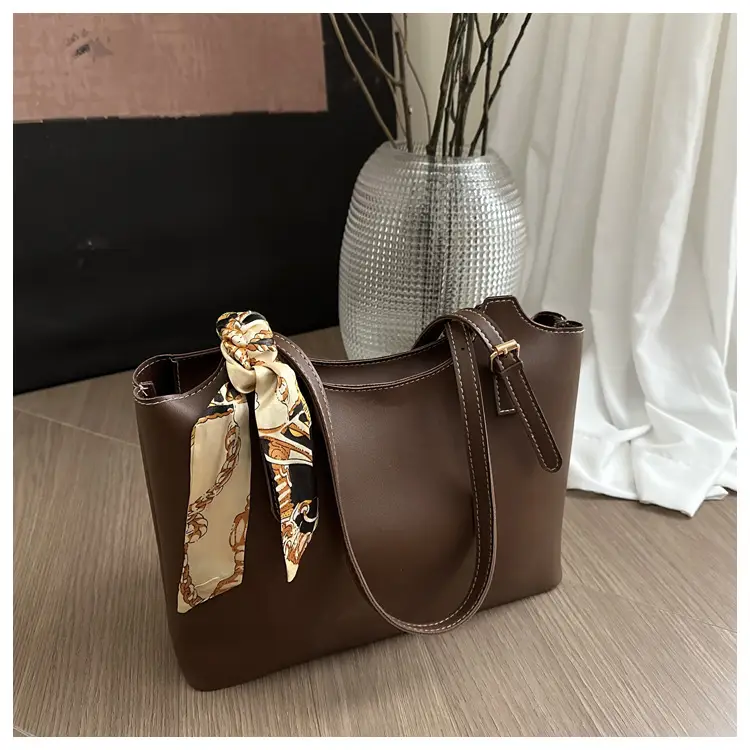 Women Brown Leather Tote Bag with Silk Bow — feature 8