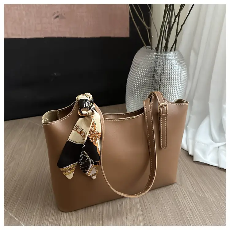 Women Brown Leather Tote Bag with Silk Bow — feature 9