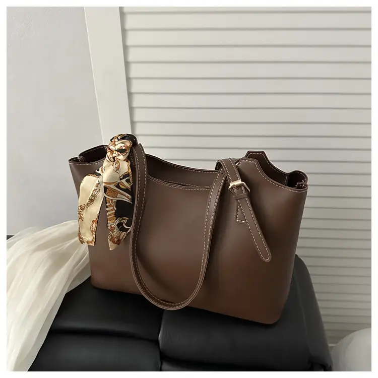 Women Brown Leather Tote Bag with Silk Bow - Image 3