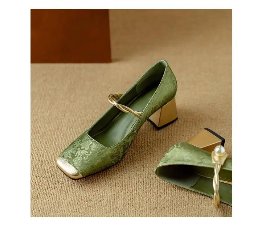 Women's Shoes with Spring High Heels New Chinese Style National Style Color-matching Square Head Mary Jane Shoes French Pearl Thick Heel — feature 4
